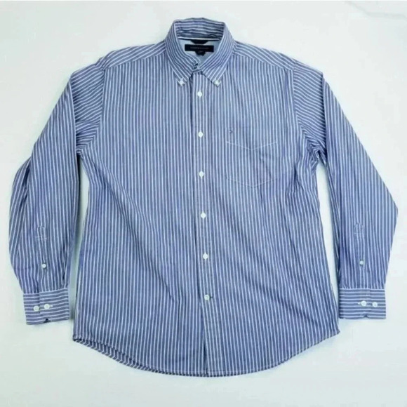 Tommy Hilfiger Small Embroidered Pocket Logo Button Down Blue White Stripe - Picture 1 of 10